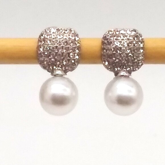 Earrings Pearl Rhinestone Elegant Drop Hollywood Glam Trendy Silver Stylish NEW - Picture 2 of 3